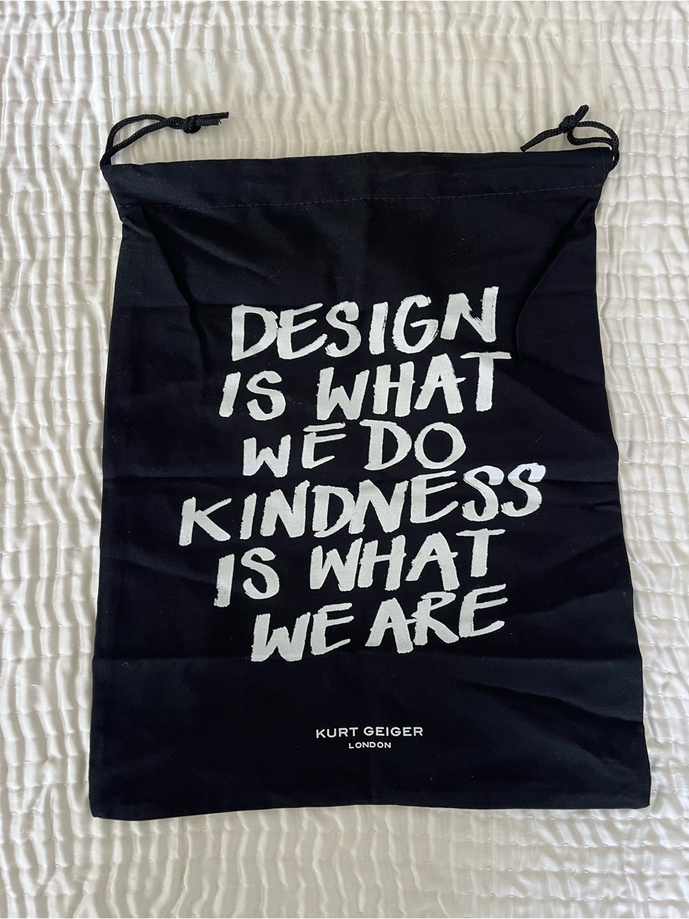 Kurt Geiger long Black Drawstring Dust Bag with White Slogan